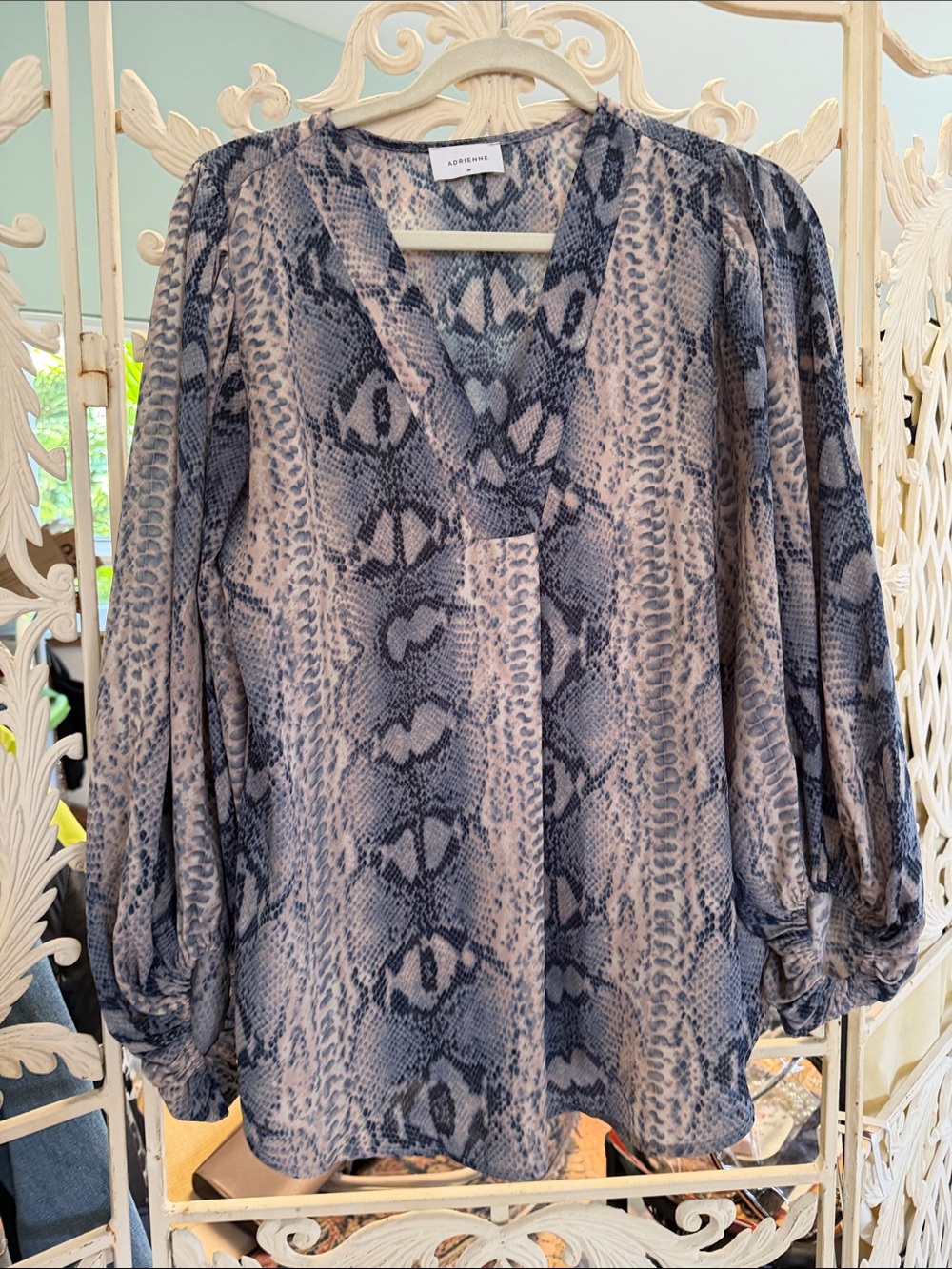 Adrienne Snake-Print V-Neck Blouse in Taupe and Blue
